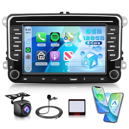 Rimoody 6G+128G 8 Core 7' Android Autoradio per VW Golf 5 6 Polo Tiguan Passat Touran Caddy T5 Trasporter Skoda Seat Carplay Android Auto Wireless FM/RDS/EQ Mirror Link Bluetooth WiFi GPS Retrocamera