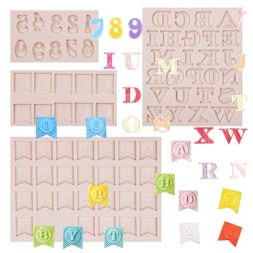 Muyulin Letter Flag Chocolate Silicone Molds, 4 Pieces Uppercase Alphabet 0-9 Number Fondant Molds for Birthday Cake Decoration Cupcake Toppers