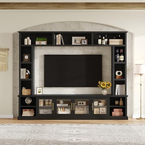 Merax 95" Entertainment Center for TVs up to 80", All-in-One TV Stand with Bookshelves & Storage Cabinets & Tempered Glass Doors & Adjustable Shelves, Modern Living Room Wall Unit Media Console, Black by Merax - Image 8