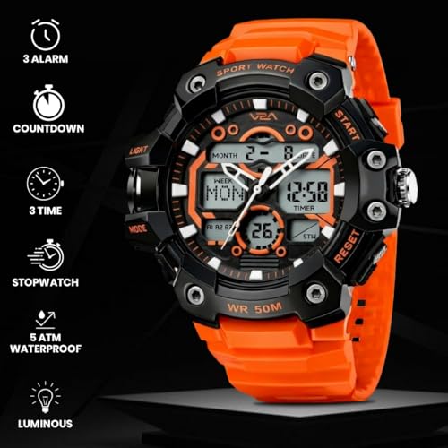 Image of V2A Stryke 53mm Analog Digital Sports Watch for Men | 3 Alarms & Countdown Timer | Layered Multi-Display Dial | Stopwatch, Dual Time, Day-Date | TPU Strap | 50M Water Resistant | Gift for Men
