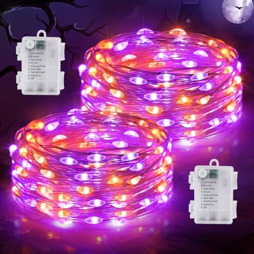 Heceltt 2 Pack Halloween Fairy Lights Indoor,Total 46ft 140LED Purple and Orange Fairy Lights Battery Operated with 8 Modes for Bedroom Stairs Decorations. - image 1