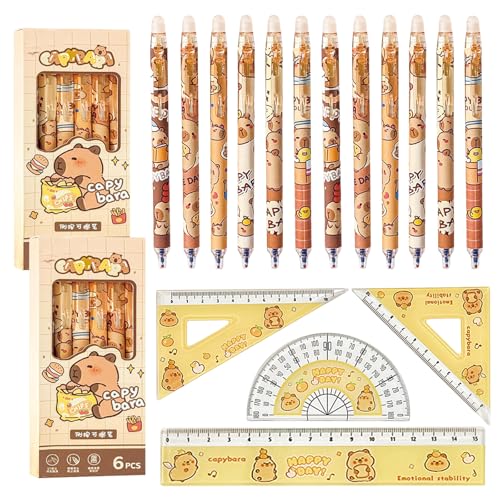 Juego de Papelería de Capibara de 16 piezas, 12 Bolígrafos de Capibara y 4 Gobernante Capybara, Bolígrafos de Gel Borrables, para Escuela, Oficina, Regalos de Fiestas Temáticas