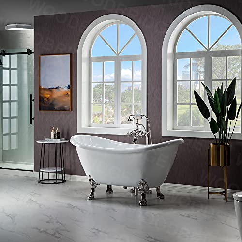 WOODBRIDGE 59\" Heavy Duty Acrylic Double Slipper Clawfoot Bath Tub with Brushed Nickel Feet + Brushed Nickel Drain &Overflow
