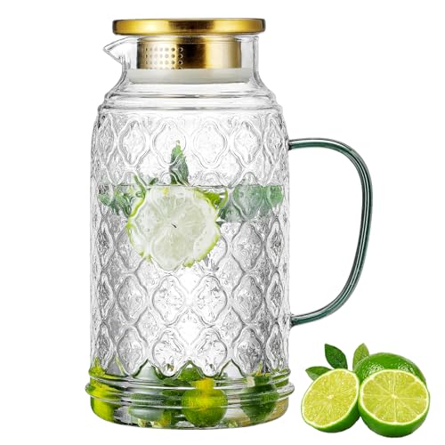 Buaic Glass Pitcher with Lid,84 oz/2.5L Liter Vintage Water Pitcher, Clear Borosilicate Glass Water Carafe for Cold Brew, Coffee, Lemonade, Iced Tea, Juice, Beverage, Heat Resistant Water Glass Jug