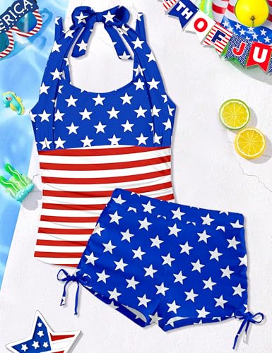Image of Girls Swimsuit 2 Piece Halterneck Girls Tankini Swimsuit Drawstring Printed Swim Shorts Girl Bathing Suit for 7-18T
