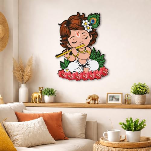 Image of CraftVatika Baby Krishna Wooden Key Holder for Home Decor Items, Key Hanger Wall Mounted Decoration Handicraft Key Chain Stand Wood Keys Organizer 7 Hooks Decorative Items for Home Decor