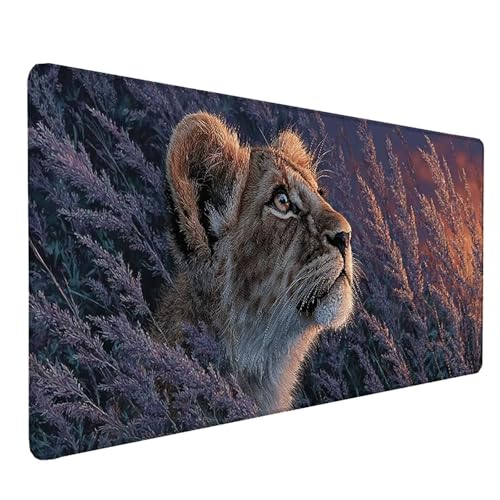 Tapis de souris XXL étanche avec bords cousus de précision, sous-main blanc au design lion