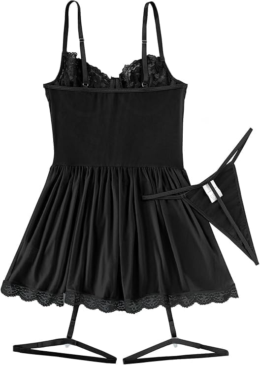 Image of Lilosy Sexy Garter Belt Mesh Lace Babydoll Lingerie Dress Set with Thong