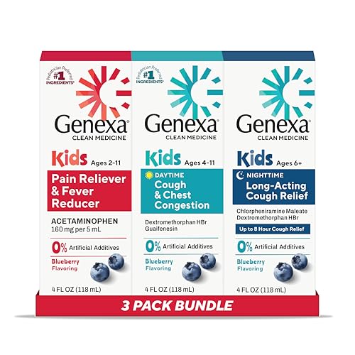 Genexa Kids Clean Cough Pain & Fever Acetaminophen Value 3-Pack Dye Free 0% Artificial Additives Cough Care for Children Fever & Pain Reliever 12 fl oz (3 Bottles)