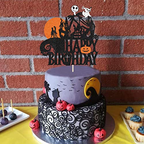 Kapokku Glitter Skull Happy Birthday Cake Topper For Cartoon Theme Jack And Sally Skellington Nightmare Before Christmas Theme Wedding Halloween Theme Anniversary Birthday Party Cake Decorations #TOP5