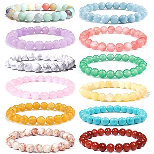 JEWPARK 12 PCS 4mm 6mm 8mm Semi-Precious Gemstone Bracelet Set Healing Crystal Stone Stretch Bracelets for Men Women Round Beaded Elastic Bracelets 8MM