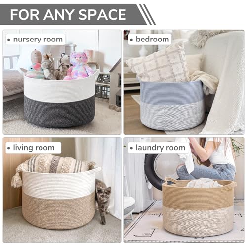Image of INDRESSME XXXLarge Cotton Rope Basket 21.7 inch x 21.7 inch x 13.8 inch Woven Baby Laundry Baskets Blanket Basket Toy Baskets with Handle Storage Comforter Cushions Gray Laundry Hamper