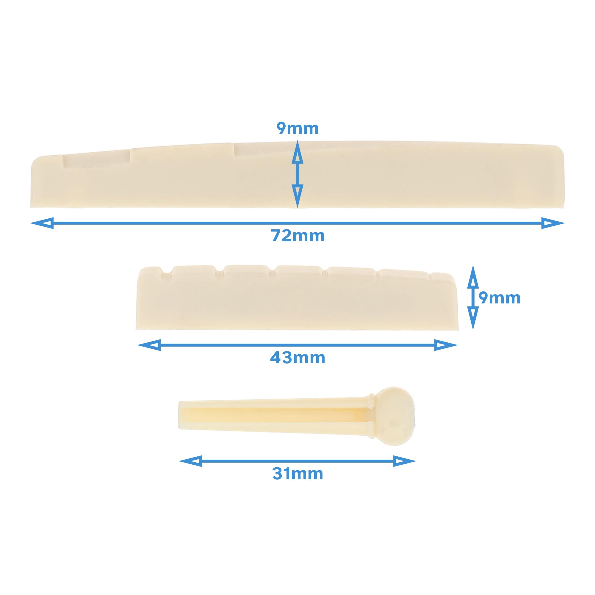 HALLMERS 8-Piece Ivory White Synthetic 72mm Saddle, 43mm Nut, 6x Bridge Pins Kit Replacement Parts For Left-Handed Acoustic Guitar