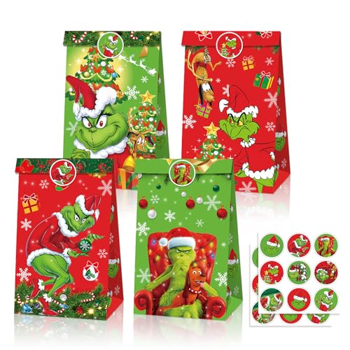 VGNRAR 12Pcs Christmas Gift Bag 4 Design Christmas Goodie Bags Paper Gift Bag with Sealing Stickers Holiday Party Supplies Cute Cartoon Xmas Bags for Candy Cookie Gift Wrap Bags