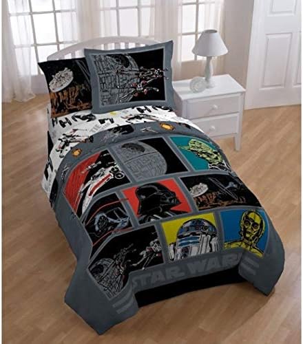 5 Piece Kids Black Star Wars Theme Comforter Twin, Starwars Millennium Falcon R2-D2 C-3PO Bedding, Light Saber Death Star Darth Vader Luke Skywalker Yoda Movie Series Character Plush, Polyester