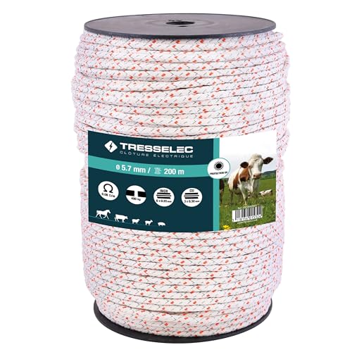 TRESSELEC - Corde diamètre 5,7mm - Clôture électrique pour animaux (vache, chèvre, mouton, cheval) - Bobine de 200m - 6 fils inox diamètre 0,20mm et 3...