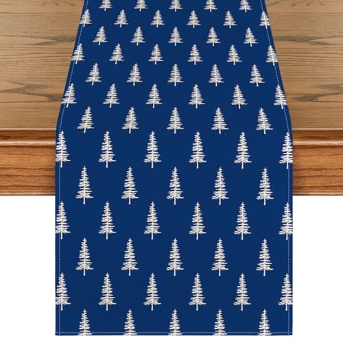 Image of Artoid Mode Blue Xmas Tree Christmas Table Runner, Seasonal Winter Kitchen Dining Table Decoration for Home Party Decor 13x72 Inch