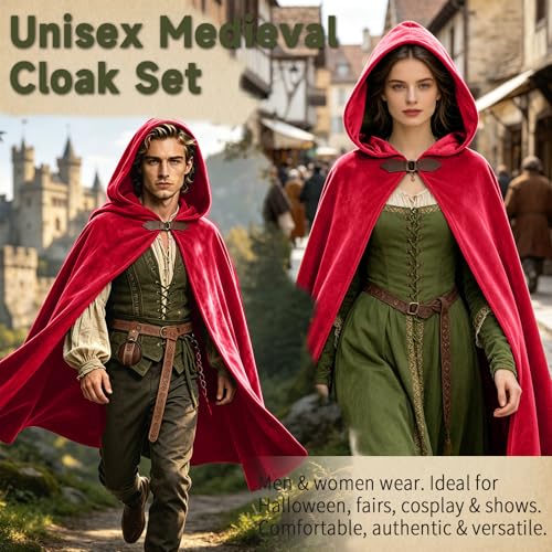 Image of Renaissance Hooded Cloak Set for Men Women Medieval Costume for Halloween