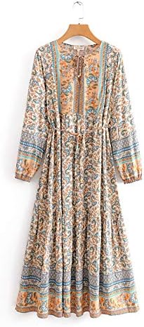 WaterlilyBoho Maxi Dress Long Sleeve Floral Casual Dresses for Women Rayon Summer Spring Flare Gypsy Hippie Bohemian Style