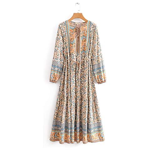 Waterlily Boho Maxi Dress Long Sleeve Summer Dresses for Women Casual Floral Gypsy Hippie Floaty Bohemian (Beige, l) Cover