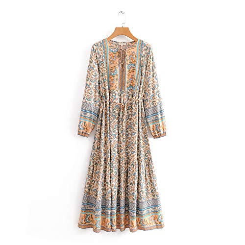 WaterlilyBoho Maxi Dress Long Sleeve Floral Casual Dresses for Women Rayon Summer Spring Flare Gypsy Hippie Bohemian Style