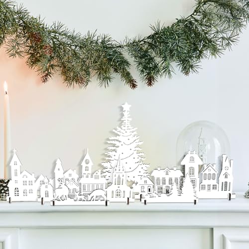 Amyhill YON-AMYHILL-2378 6 Pcs Christmas White Village House Table Decoration Wooden Christmas Scene Rustic Farmhouse thumb #5