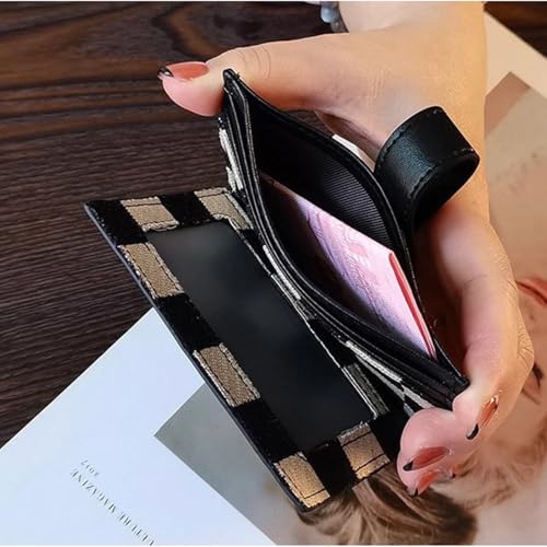 Image of TURBOOST Cute Slim Card Holder Canvas Front Pocket Checkered Wallet, Small Credit Card Case for Women (Black)