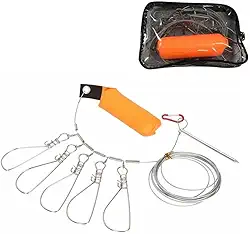 Longarina de peixe de aço inoxidável de 5 m com 5 fechos de fivela - Cabo de trava de pesca laranja resistente para pesca no mar, gelo, caiaque (5 botões móveis)