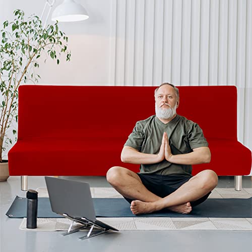 Armless Sofa Bed Cover, Red Stretchable Futon Slipcovers For Living Room, Lightweight Armless Sofa Cover With 92% Polyester, Folding Couch Sofa Bed Futon Cover For Home Decor #TOP4