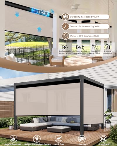 Image of Kincmo Motorized Outdoor Shades for Patio Porch, Custom Outdoor Motorized Blinds with Remote, Waterproof & Windproof Patio Shades Work with Apple Home,Alexa,Google (Beige-1% Openness)