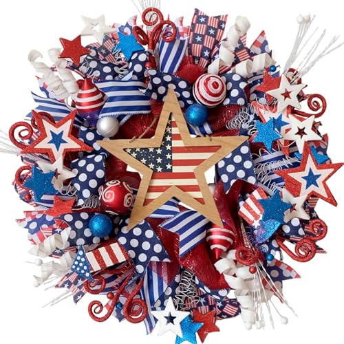 Egolot 22 Inch Patriotic Wreath for Front Door, Forth of July Red White Blue Mesh Star Wreath for Indoor Outdoor, Memorial Day Independence Day Home Decor Wreaths
