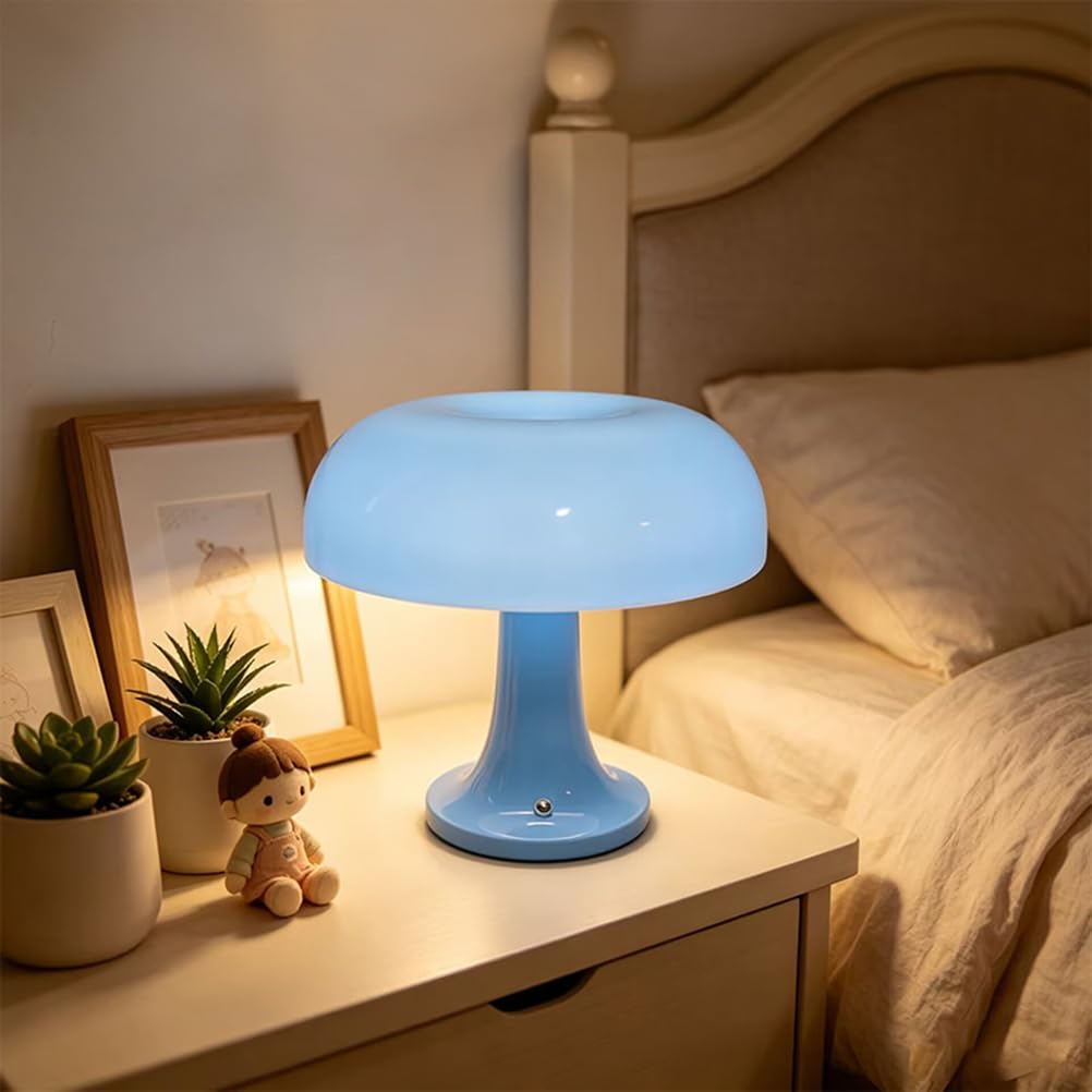 EaEa Pilz Lampe Kabellos Blau LED Tischlampe Akku Dimmbar Touch Nachttischlampe 3000k-6000k Aufladbar Acryl Pilz Tischleuchte für Schlafzimmer Wohnzimmer Esszimmer