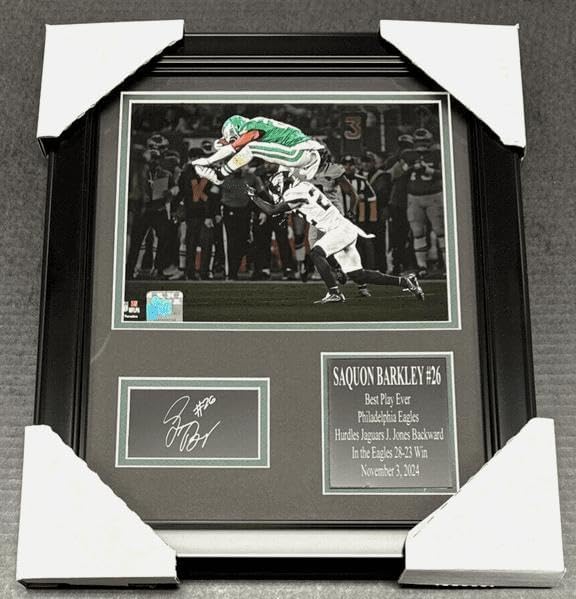 Saquon Barkley Eagles Hurdle LASER ENGRAVED AUTOGRAPHED Facsimile Framed 8x10 Photo - Autographed NFL Photos