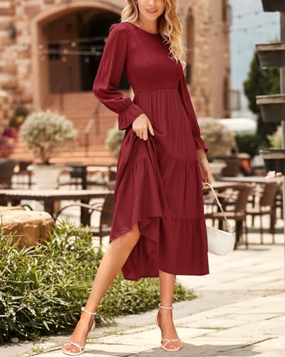 BTFBM Women Casual Long Sleeve Crew Neck Fall Dress Bohemian Relaxed Fit Floral Flowy Maxi Dresses Tiered Cocktail Dress