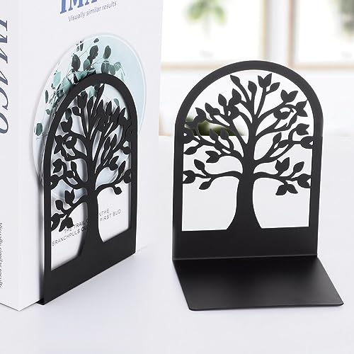 Tree of Life Bookends (1 Pair), Heavy-Duty Metal Book Ends for Shelves, Non-Skid Decorative Book Organizers for Home Office Library School Gift (Black)