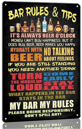 Litzzint Vintage Bar Signs For Home Bar Decor, 8X12 In Bar Rules Metal Signs For Man Cave, Funny Beer Alcohol Sign Retro For Home Pub Garage Wall Decoration Durable Metal Sign