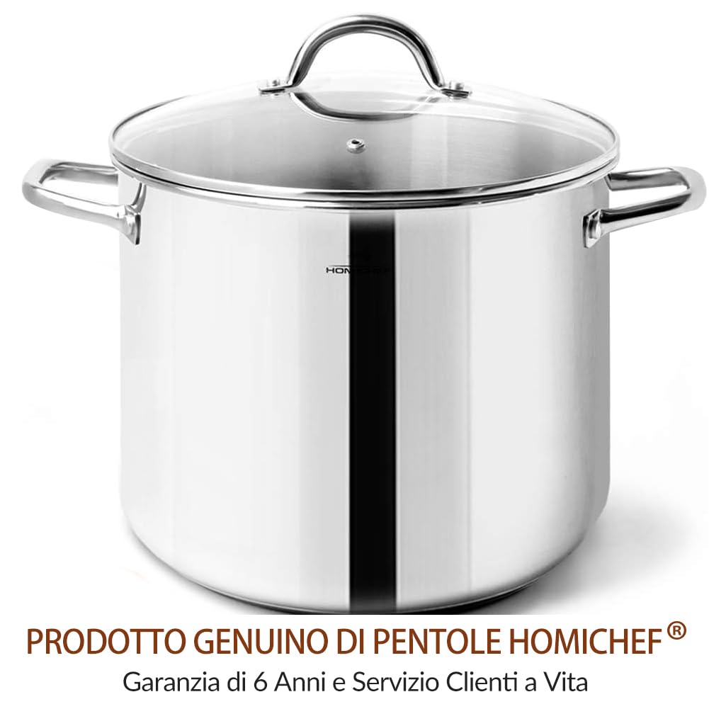 HOMICHEF Pentola in acciaio inossidabile senza nichel da 9,5 litri con coperchio in vetro - Pentola compatta e salutare con finitura lucida a specchio per cottura a induzione (24,5 cm)