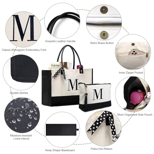 Image of BeeGreen Mothers Day Gifts Initial Canvas Tote Bags, Personalized Birthday Gift for Women Mom Gift Embroidery Monogram Bags White Cotton with Leather Handle Organized Inner Pocket L