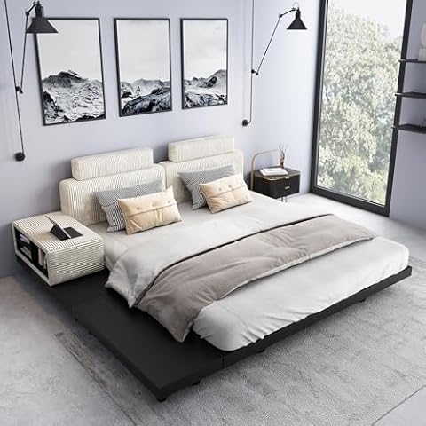 Lartis King Size Platform Bed Frame with Fabric Upholstered Headboard, Solid Wood Slats Support & Footboard, Storage Upholstered Mattress Foundation/Easy Assembly Black Cover