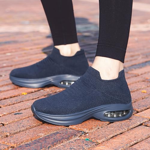 Image of DOUSSPRT Womens Walking Shoes Sock Casual Ladies Fashion Sneakers Comfortable Slip On Air Cushion Platform DarkBlue 5.5