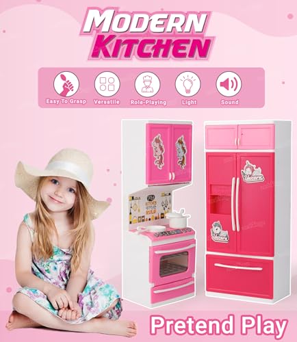 Image of Zest 4 Toyz Unicorn Kitchen Set for Kids Girls Cooking Pretend Playset Birthday Gift with Openable Door & Accessories Pink