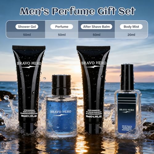 Perfumy męskie zestaw prezentowy, prezent dla mężczyzn, 4 sztuki w opakowaniu z 50 ml, 50 ml żelu pod prysznic, 50 ml balsamu po goleniu i 20 ml mgły do ciała, zestaw podróżny do pielęgnacji skóry dla