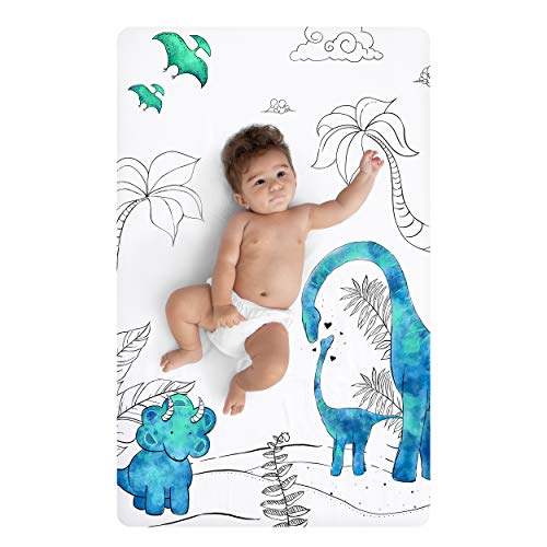 Image of JumpOff Jo - Fitted Mini Crib Sheet for Portable Crib, Playard, and Playpen Mattresses and Mats, Super Soft 100% Cotton, 24 in. x 38 in. - Dinosaur