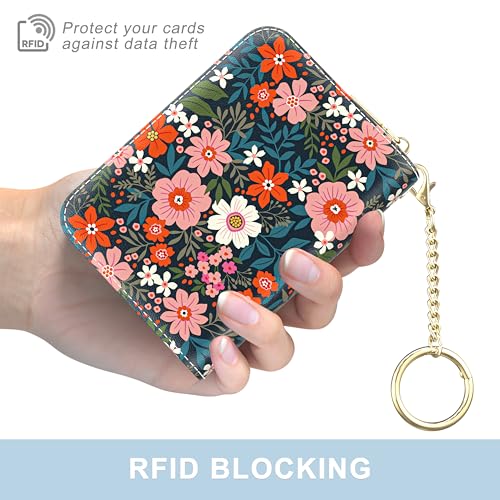 Image of Aiawoxc Credit Card Holder, Small RFID Wallet Slim Leather Card Organizer Case with Zipper and Wristlet Strap, Cute Flowers