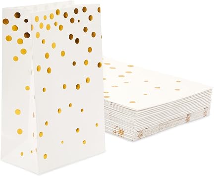 BLUE PANDA Gold Party Favor Bags - 5.5 x 8.6 x 3 in, White with Gold Foil Polka Dots, 24 Pack - Weddings & Birthdays - Use as Goodie Bags