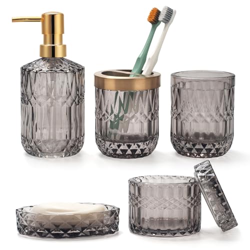 Lot de 5 Accessoires de Salle de Bain en Verre Gris avec Distributeur de Lotion, Porte Savon, Porte Brosse à Dents, Gobelet, Pots de Cotons-Tiges, Décoration...