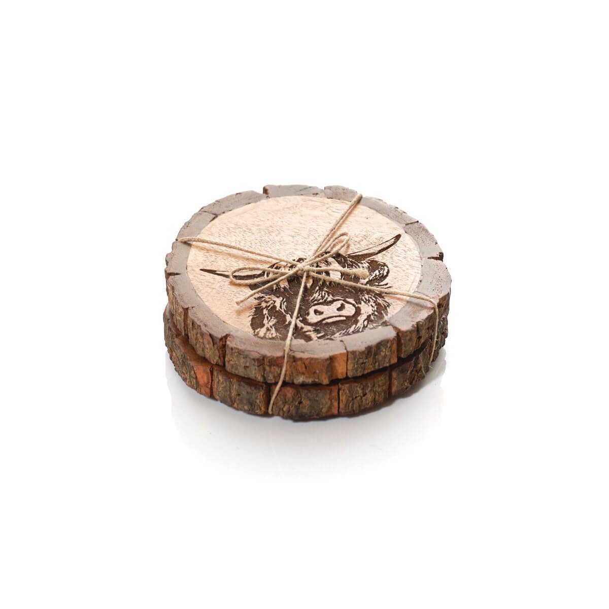 MANGO WOOD ENGRAVED HIGHLAND COW DETAIL SET OF 2 COASTERS WITH BARK EDGE