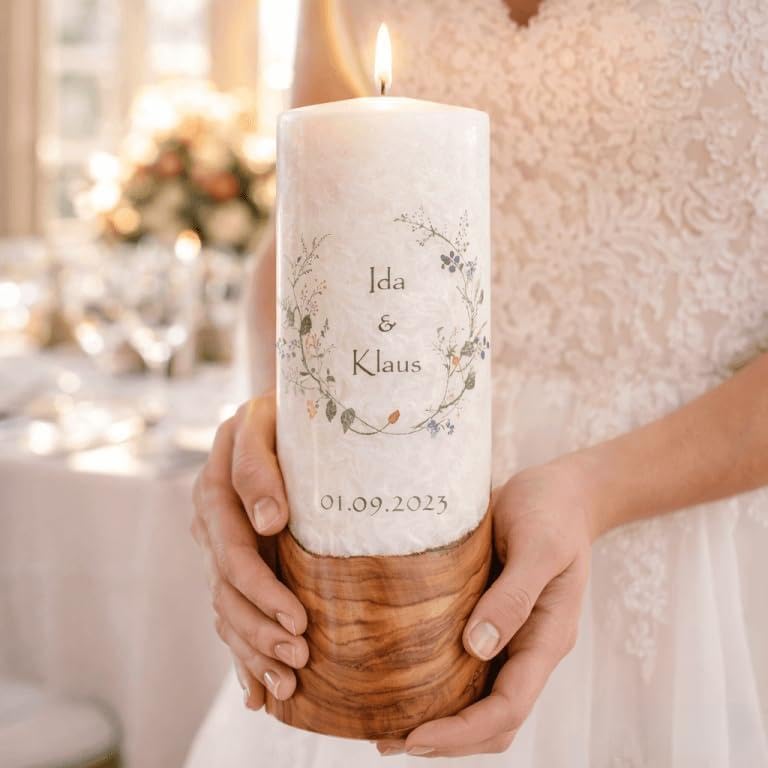 Hochzeitskerze "Wiesenblumen". - Hochzeitskerze mit echten Holz und versiegelte Wachsoberfläche. Docht oder Teelicht wählbar. (Docht, D/H = 8 x 25 cm)