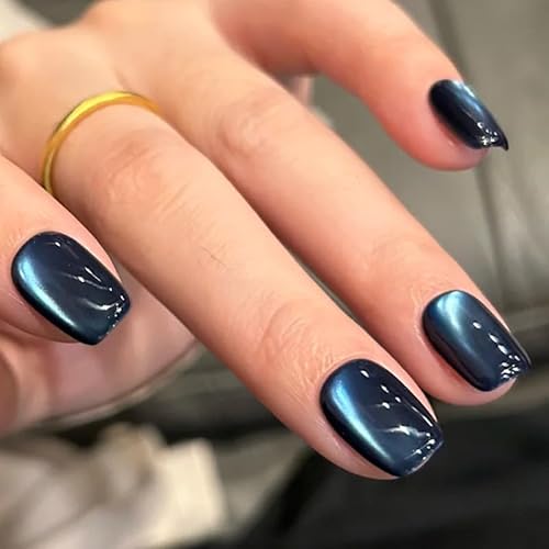 30pcs Blue Press On Nails - Short Square Cat Eye