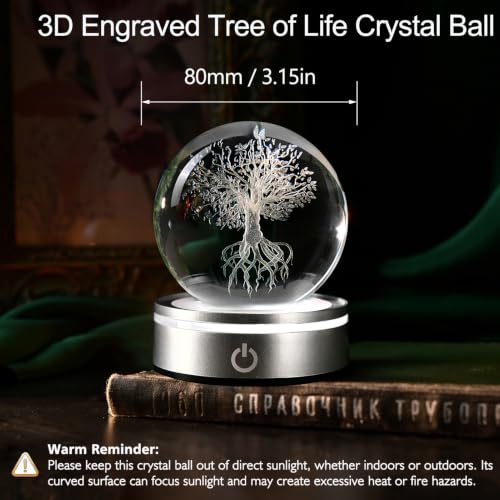 Image of IFOLAINA Tree of Life Crystal Ball with Lighted Base Laser Engraved Glass Ball Tree of Life Night Light Decorative Globes 3D Crystal Plant Sphere Gifts for Her Birthday